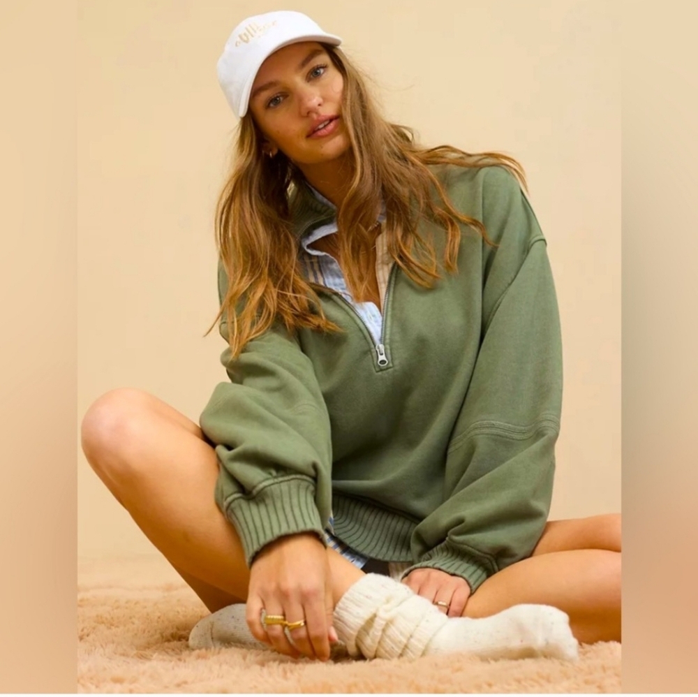 Aerie Olive Zip-Up Cowl Neck L